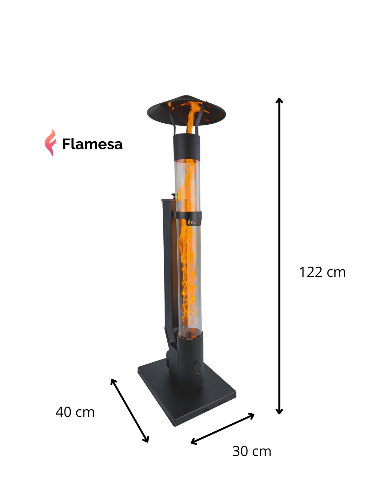 Produktillustrasjon av Flamesa Avara pelletovn med høyde, bredde og dybde